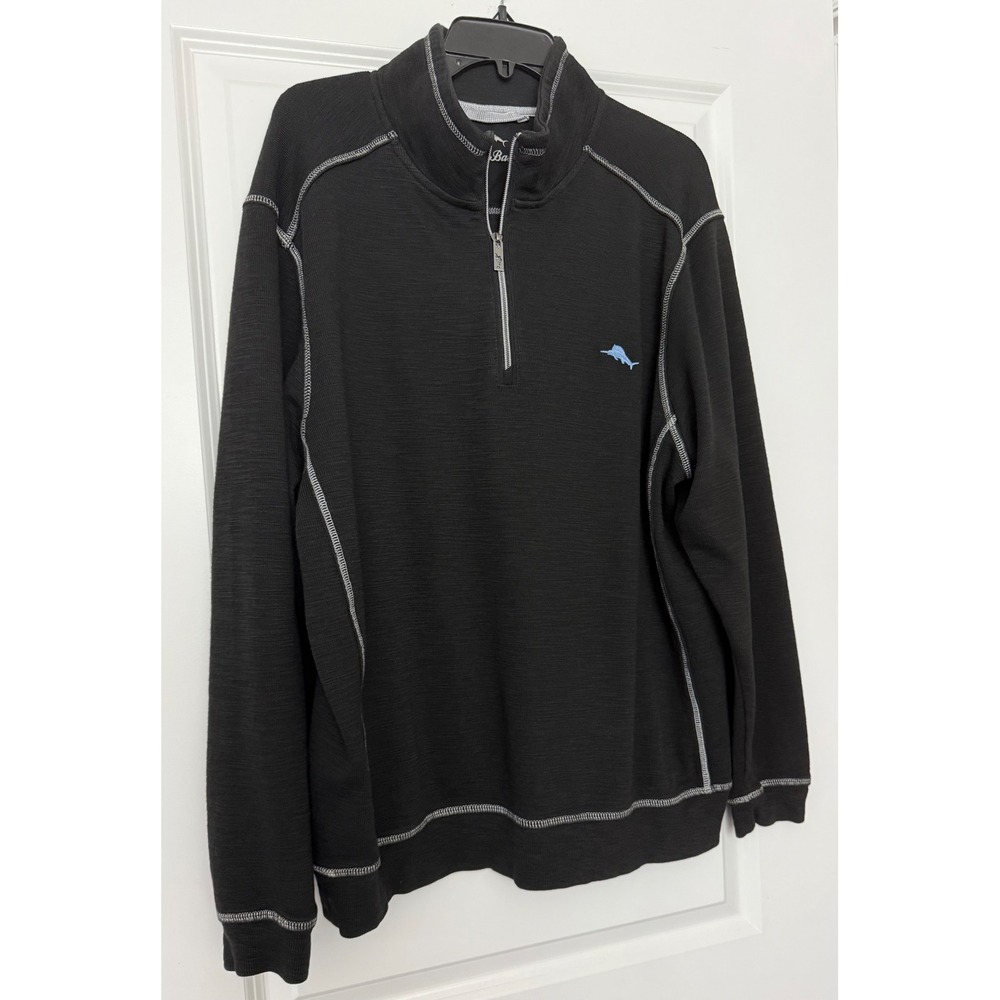 Tommy Bahama Mens XL Black Cotton Tencel 1/4 Zip Pullover Sweater 193-T220818